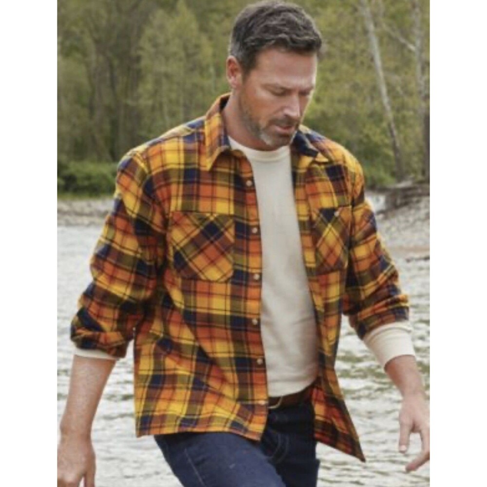 John Blair Lined Plaid Flannel Shirt Mens 3XL RG Yellow Orange Black Button Down